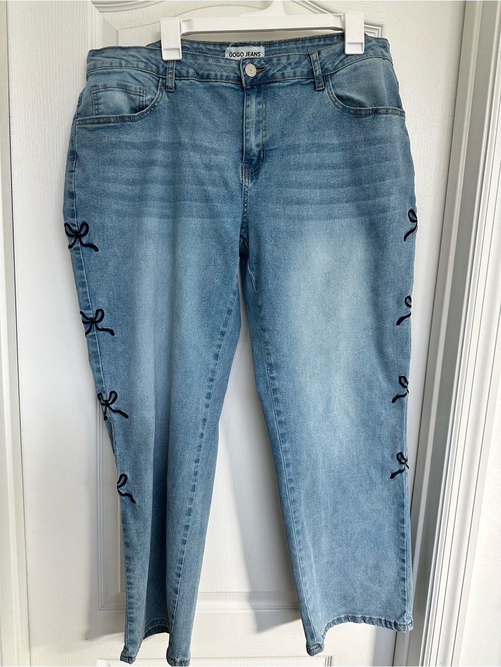 GOGO Light Blue Straight-Leg Jeans with Black Bow Accents